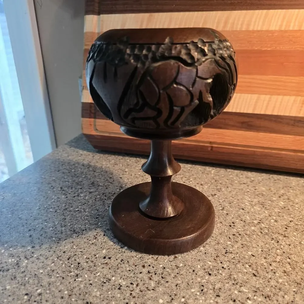 Vintage Chalice Style Candleholder with Carved Elephant and Rhino - Picture 2 of 6